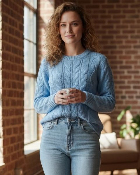 Pull avec Motifs de Feuilles et Torsades
