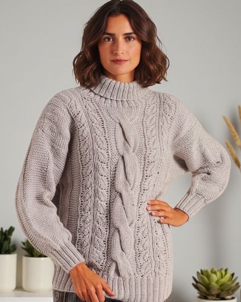 Pull à col roulé avec torsades et point ajouré à feuilles