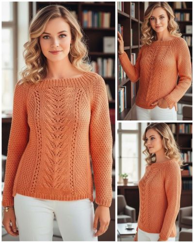 Pull Raglan avec Point Ajouré à Feuilles