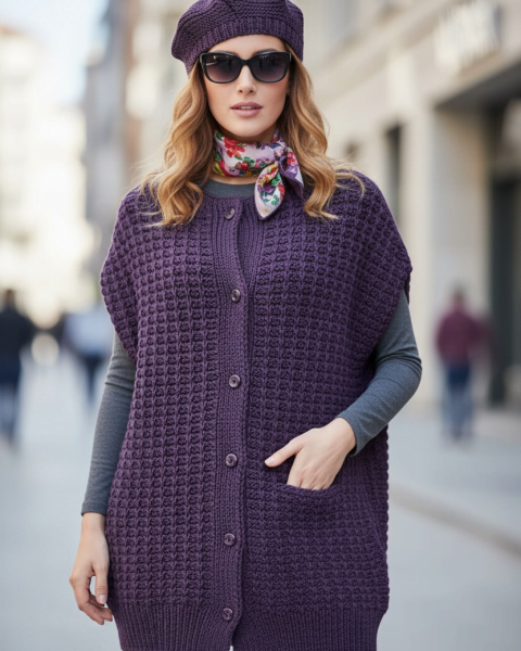 Cardigan sans manches et béret