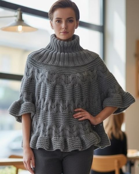 Pull-poncho avec col montant et larges volants